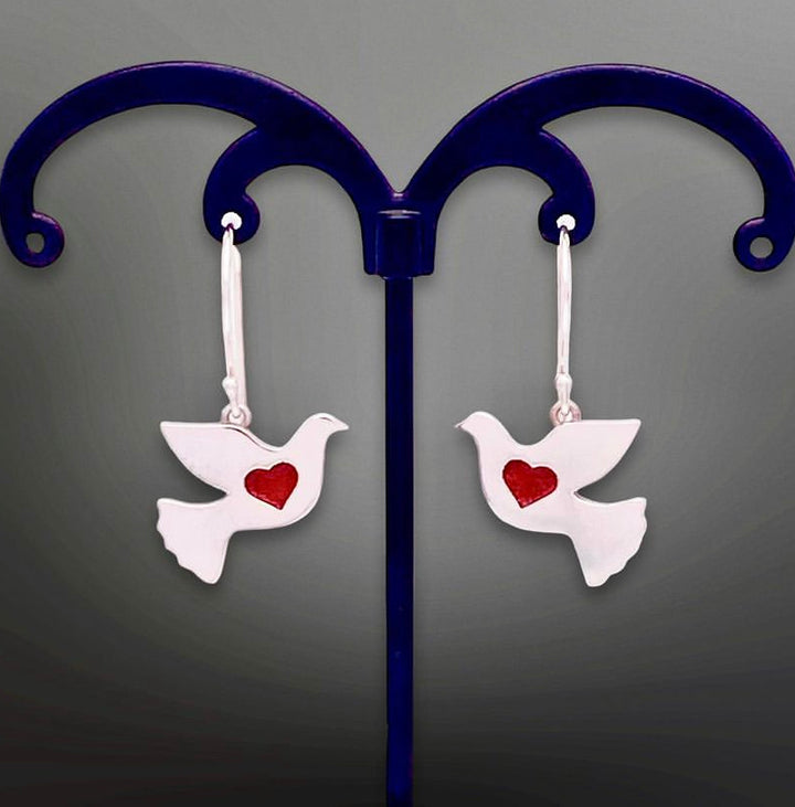 peace and love dove earrings in sterling silver with coloured enamel heart
