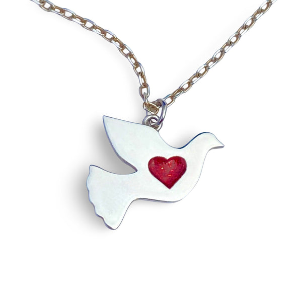 Peave and love dove pendant in sterling silver with enamel heart
