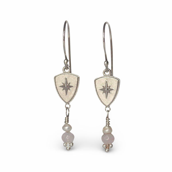 embolden collection shield and star earrings with rose quartz and freshwater pearls