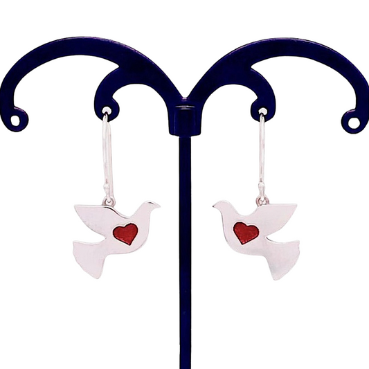 Peace and love dove earrings in sterling silver with enamel heart